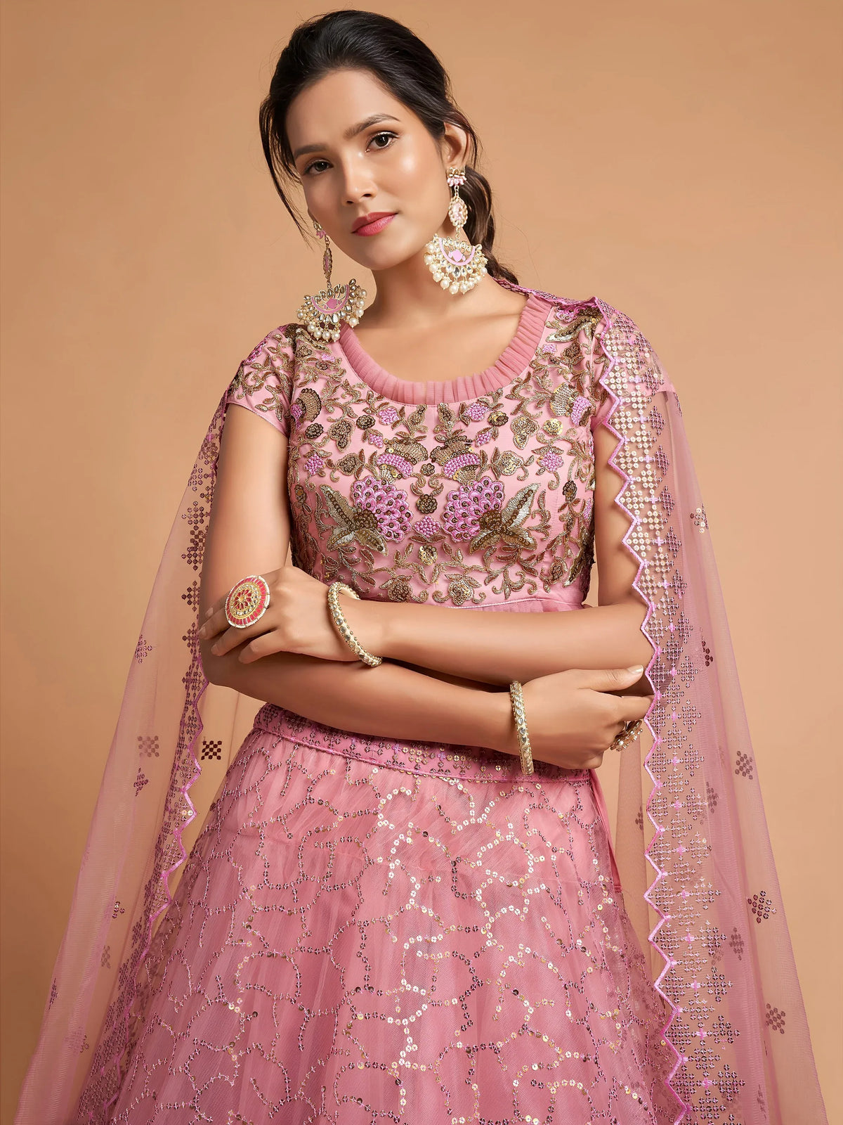 Blush Pink Dori Thread Embroidered Net Wedding Lehenga Choli