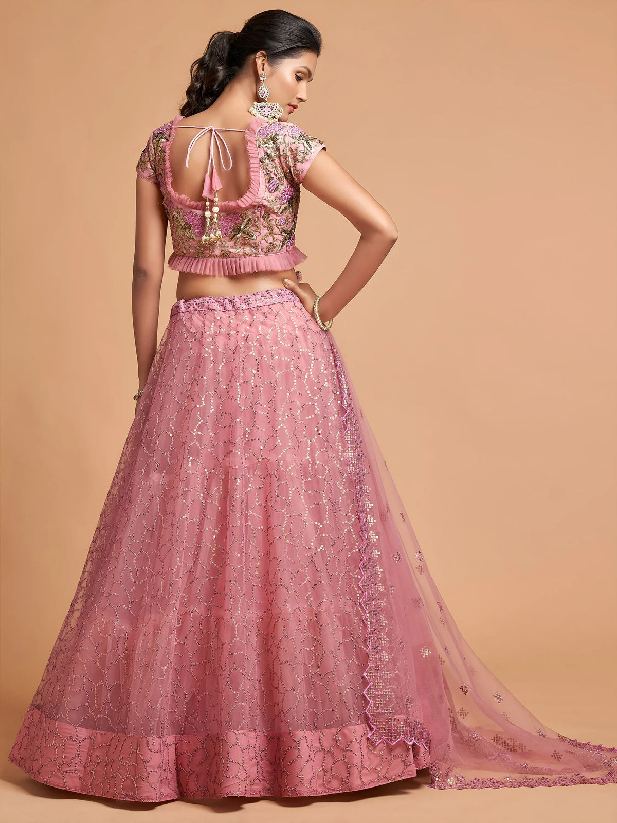 Blush Pink Dori Thread Embroidered Net Wedding Lehenga Choli