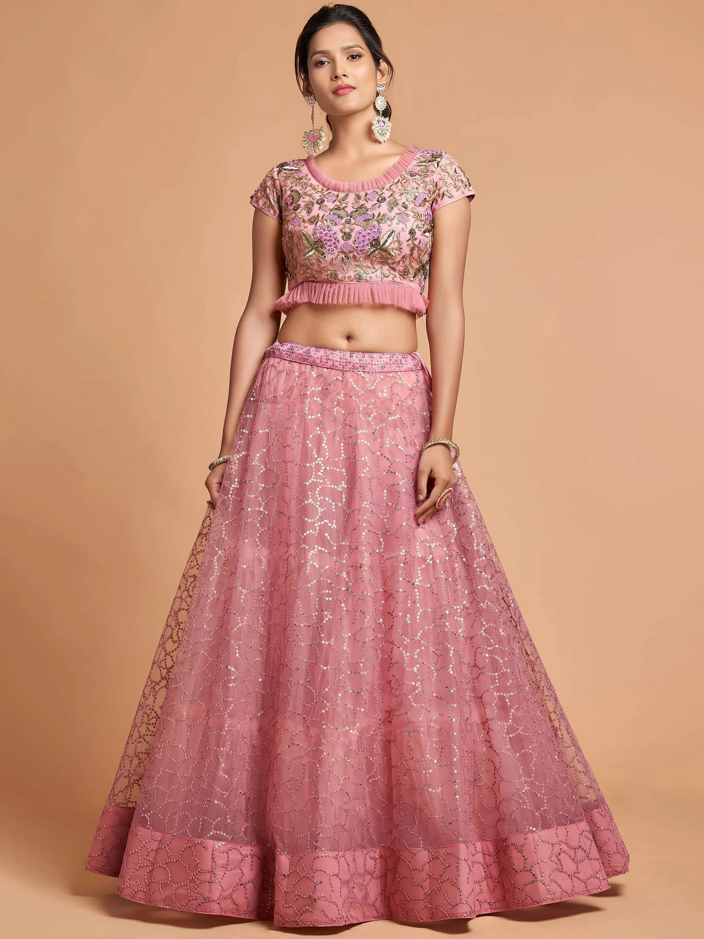 Elegant Pink Embroidered Net Engagement Wear Plus Size Lehenga Choli