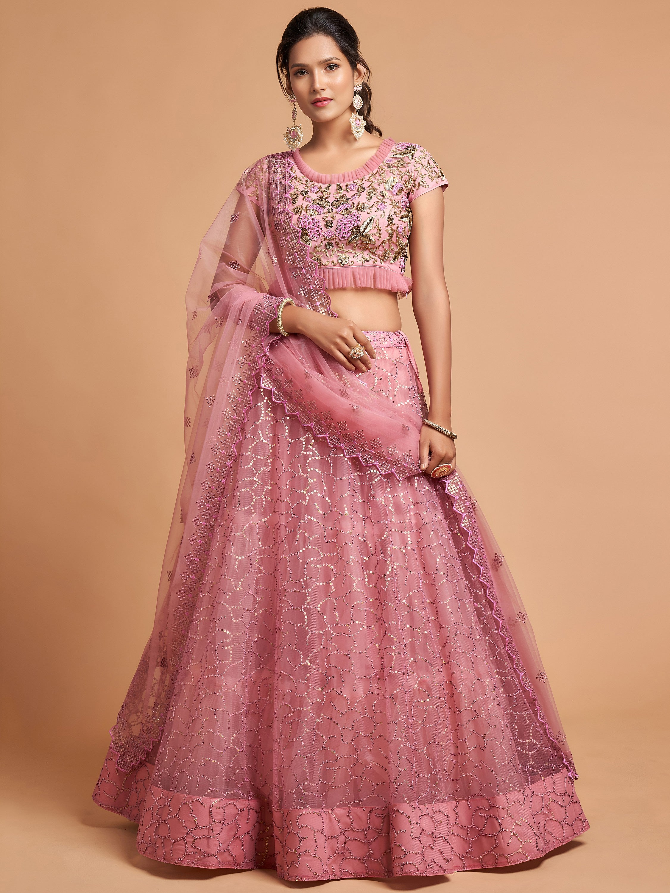 Elegant Pink Embroidered Net Engagement Wear Plus Size Lehenga Choli