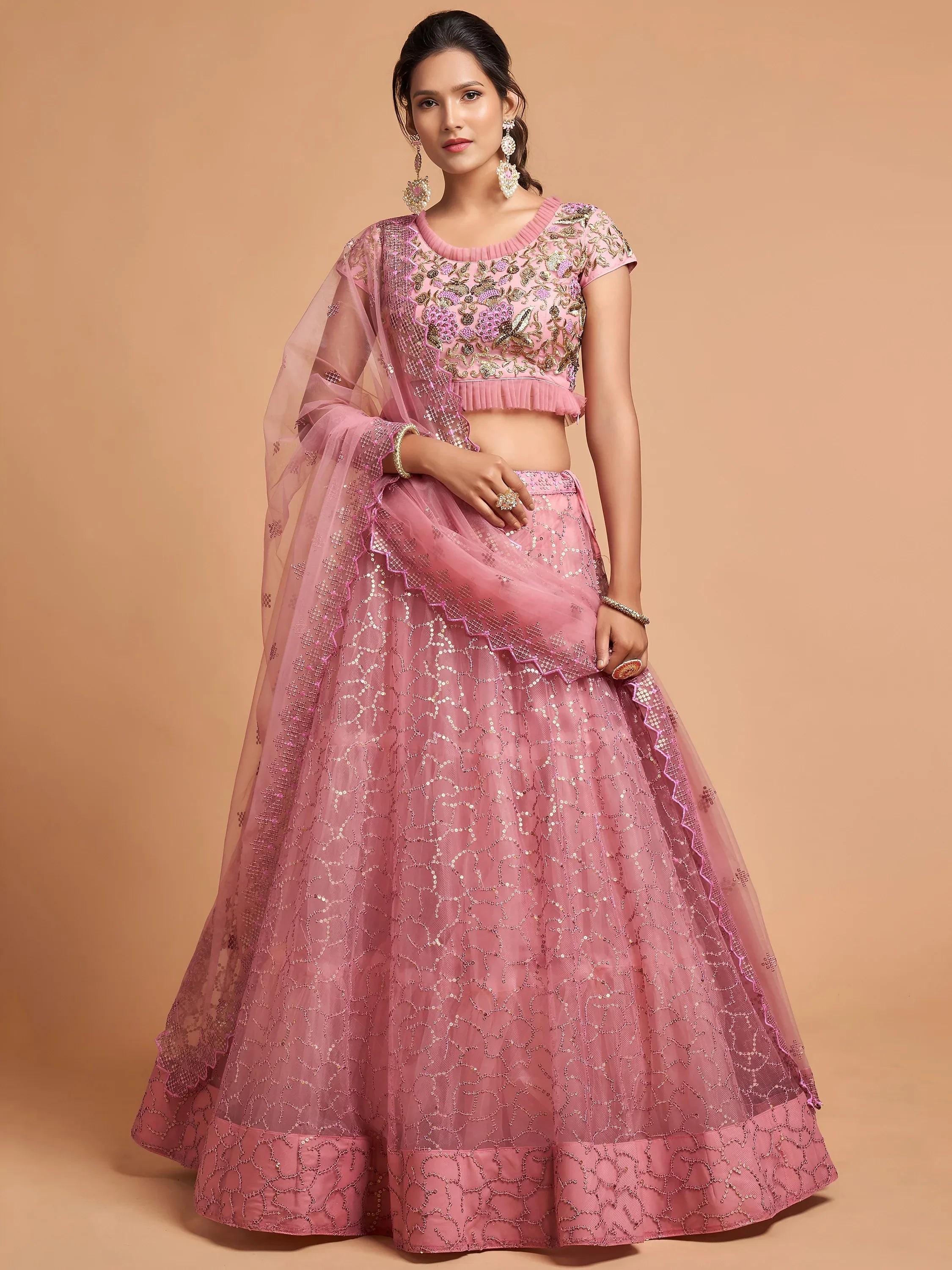 Elegant Pink Embroidered Net Engagement Wear Plus Size Lehenga Choli