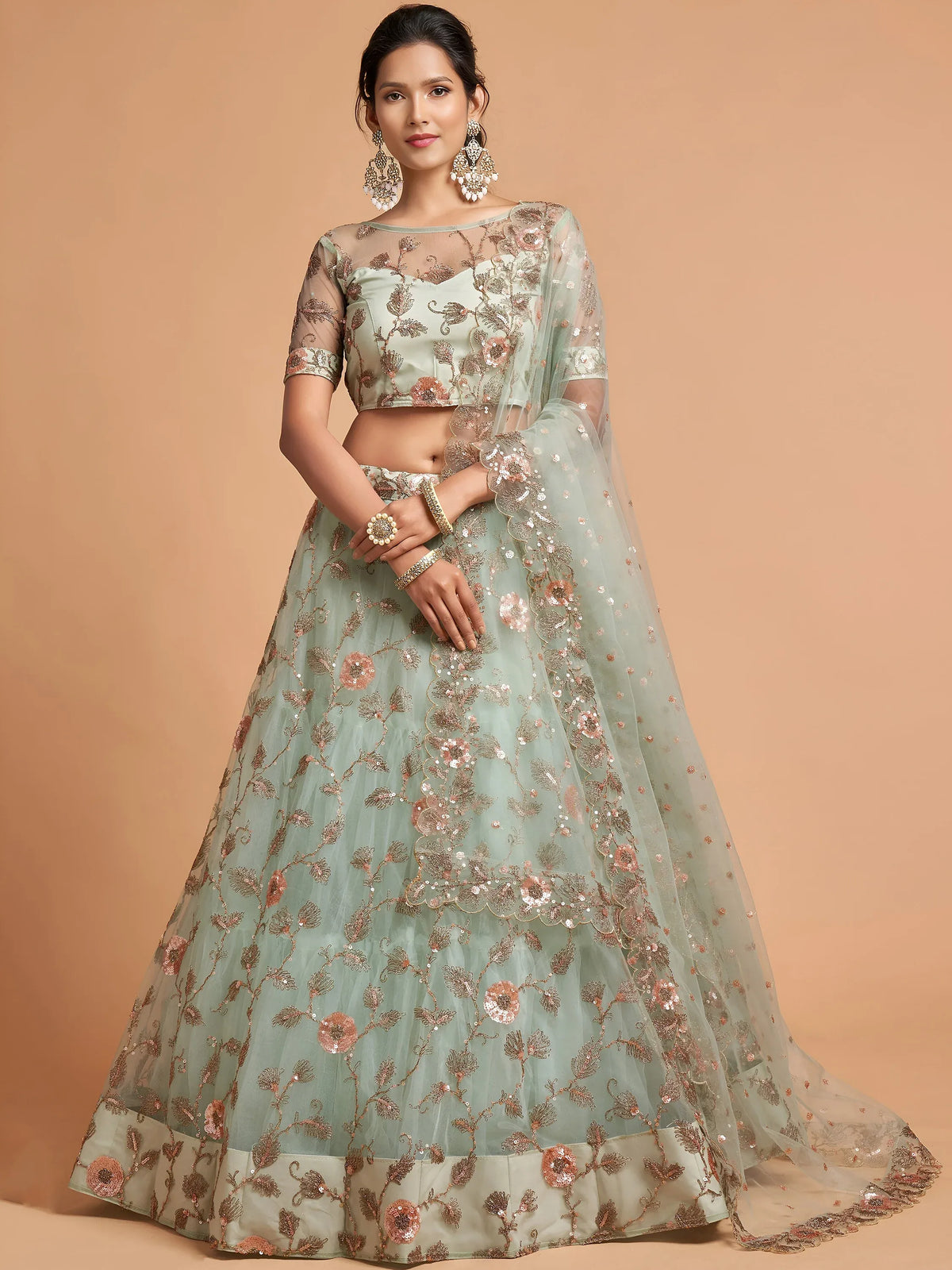 Stylish Green Embroidered Net Wedding Wear Plus Size Lehenga Choli