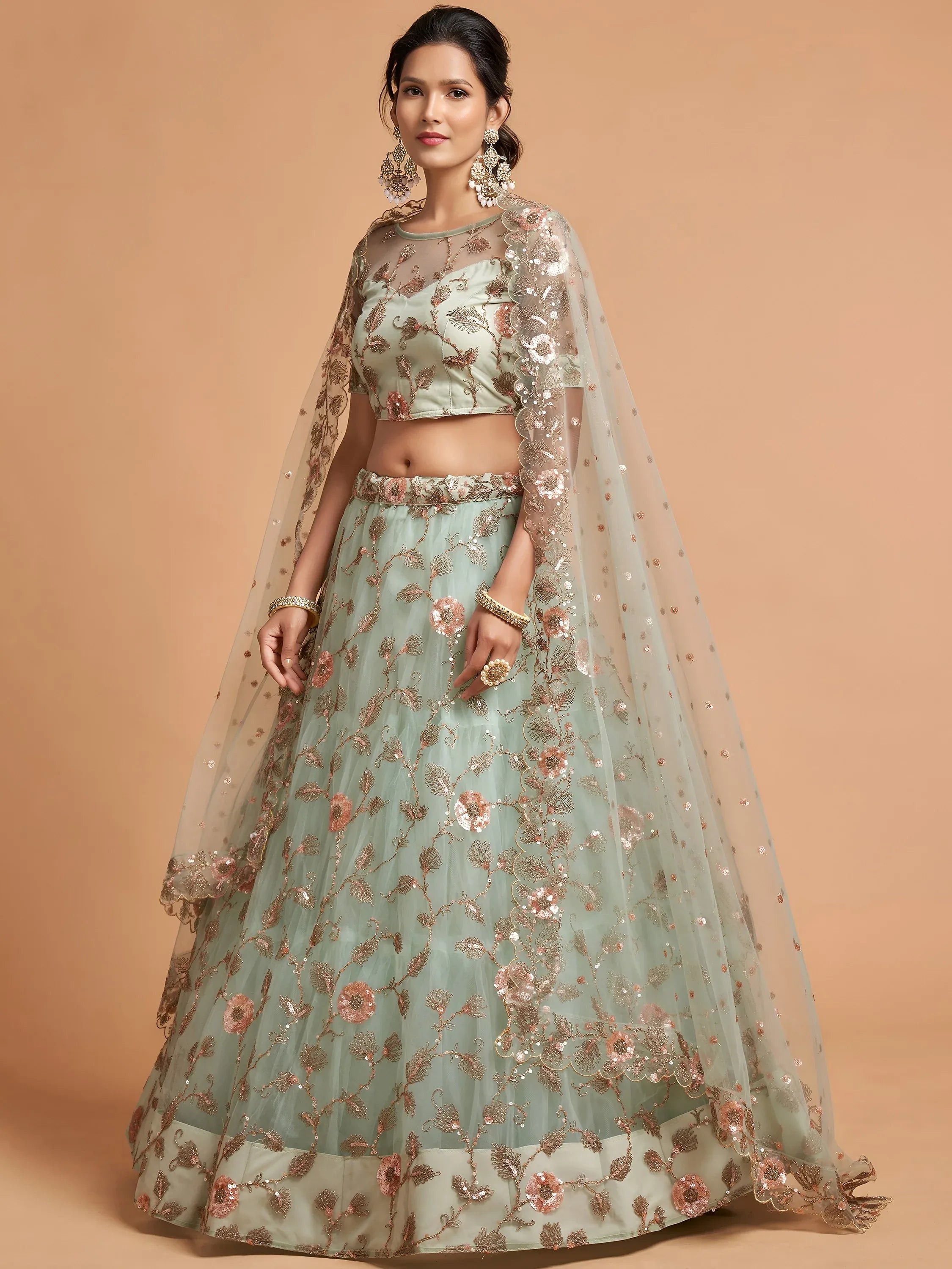 Stylish Green Embroidered Net Wedding Wear Plus Size Lehenga Choli