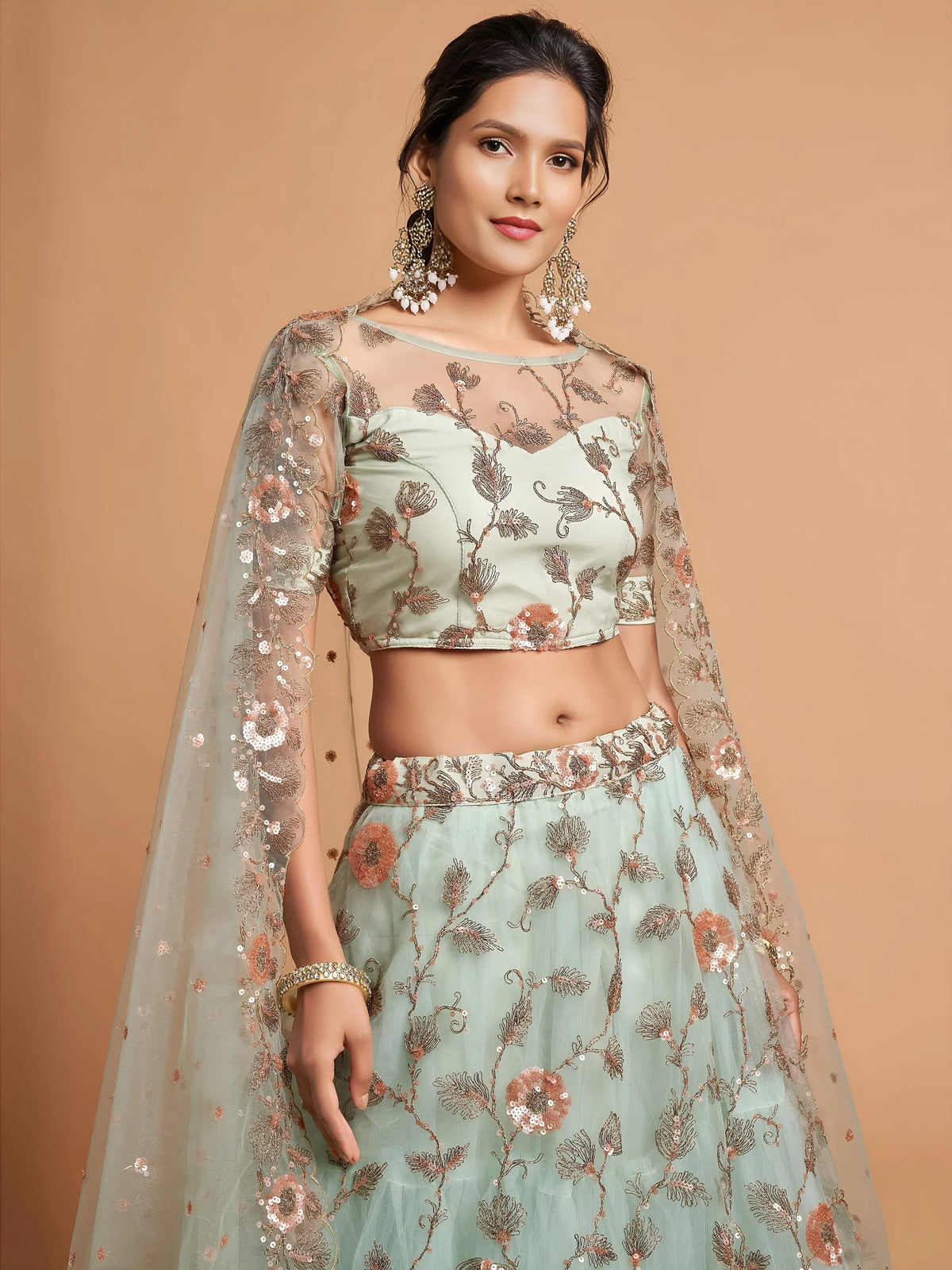 Stylish Green Embroidered Net Wedding Wear Plus Size Lehenga Choli