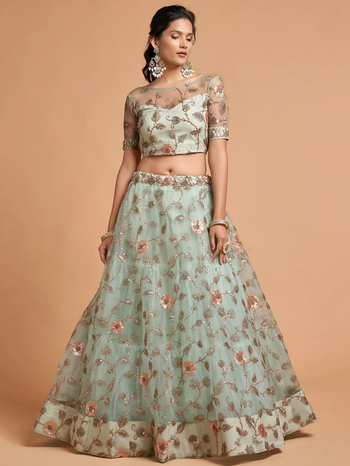 Stylish Green Embroidered Net Wedding Wear Plus Size Lehenga Choli
