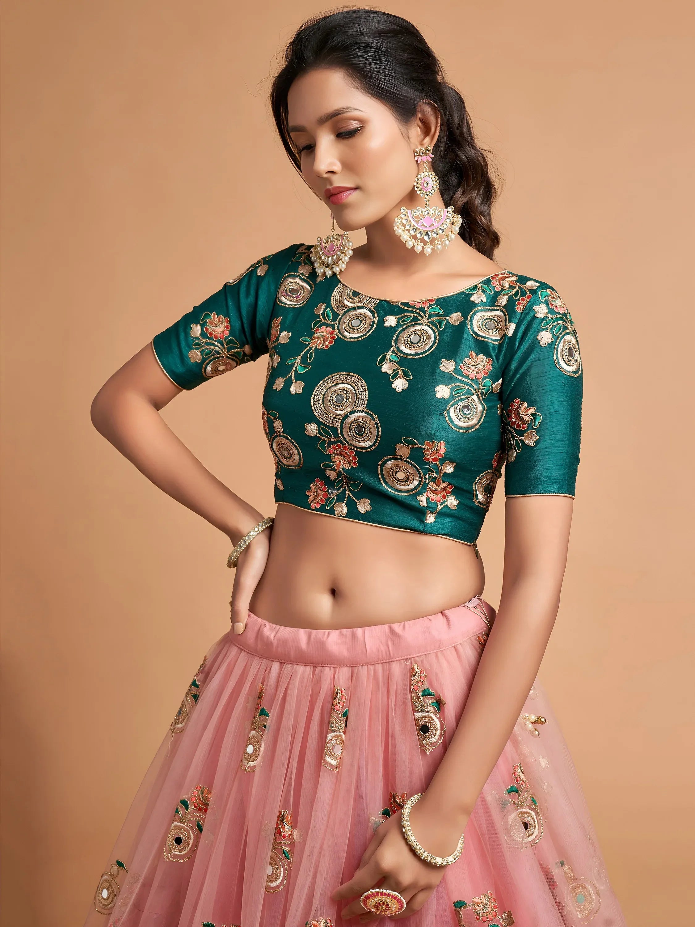 Peach Thread Embroidered Net Party Wear Lehenga Choli