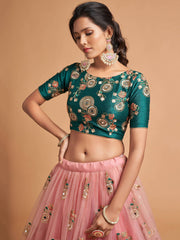 Peach Thread Embroidered Net Party Wear Lehenga Choli