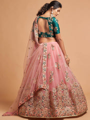 Peach Thread Embroidered Net Party Wear Lehenga Choli