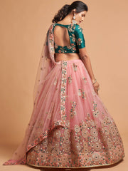 Peach Thread Embroidered Net Party Wear Lehenga Choli