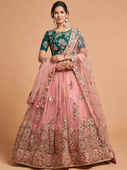 Peach Thread Embroidered Net Party Wear Lehenga Choli