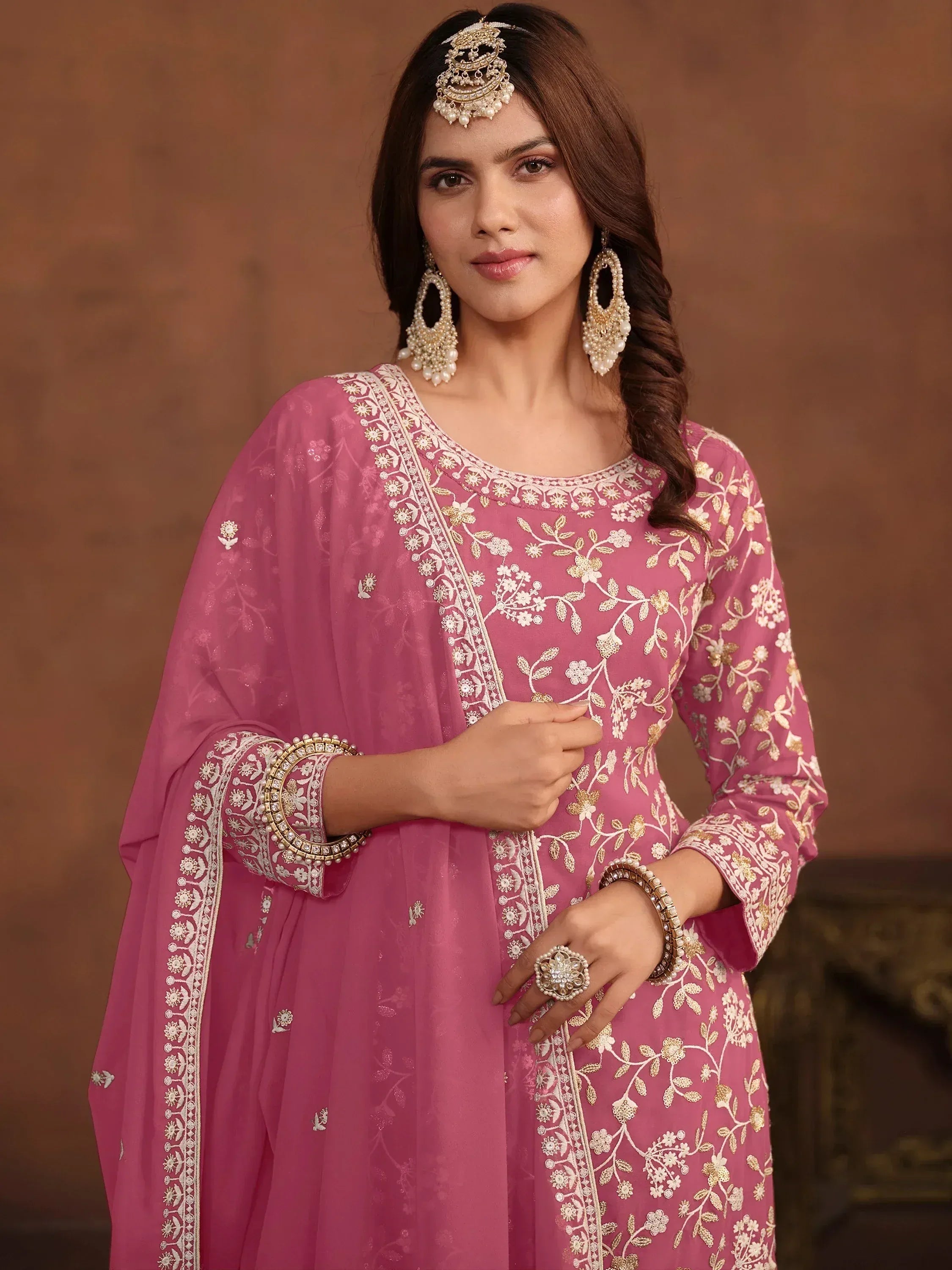 Enchanting Pink Embroidered Georgette Festival Wear Sharara Suit