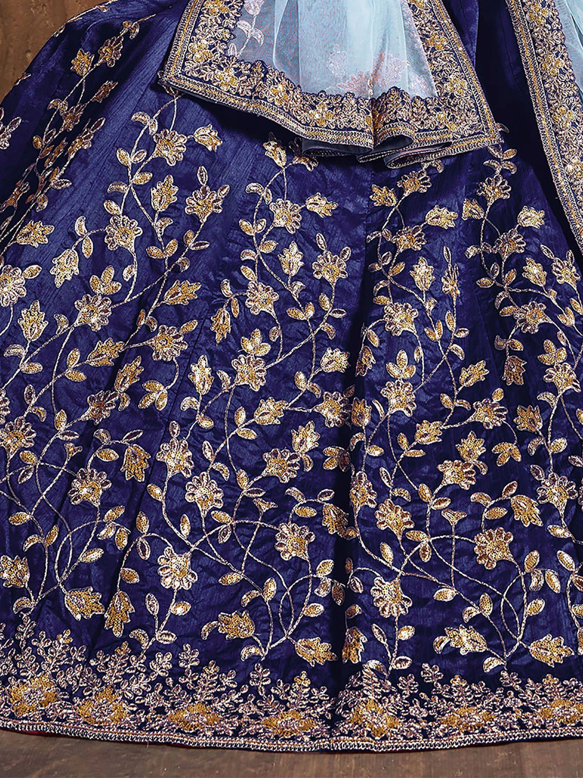 Royal blue lehenga with gold floral embroidery and sheer dupatta, Indian ethnic wear