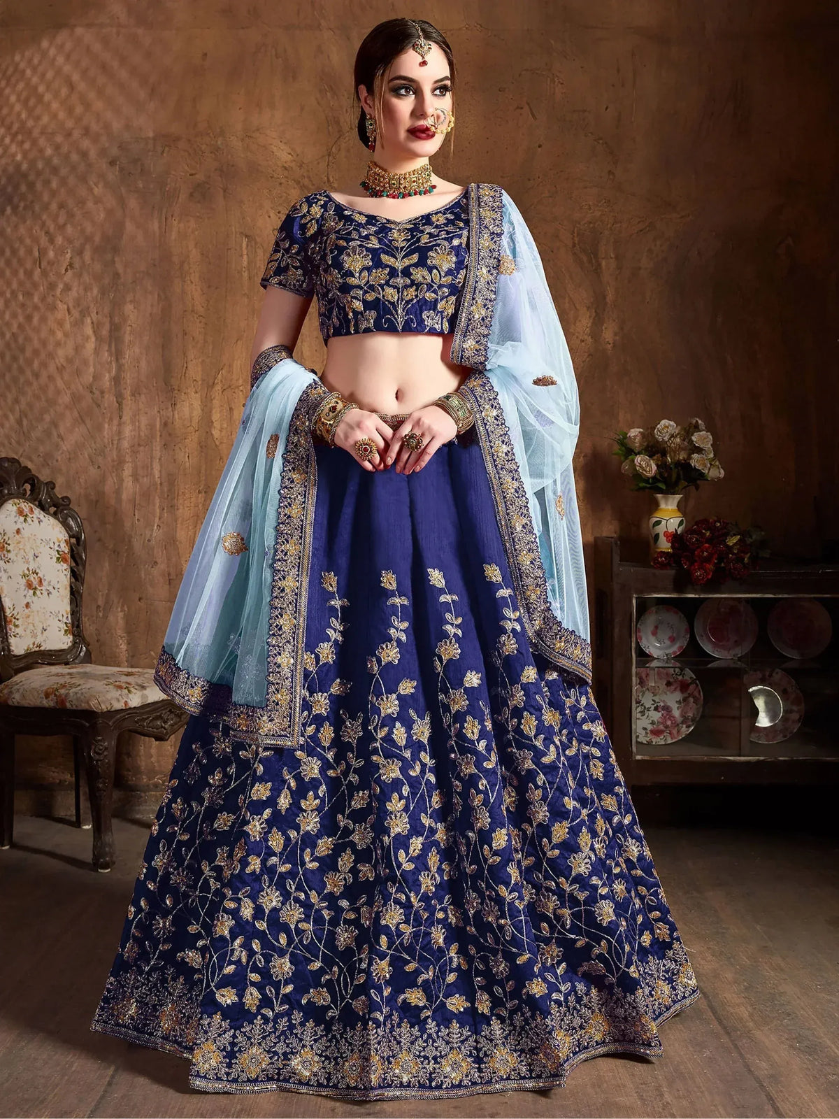 Blue embroidered lehenga choli with gold floral work and light blue dupatta, Indian ethnic wear