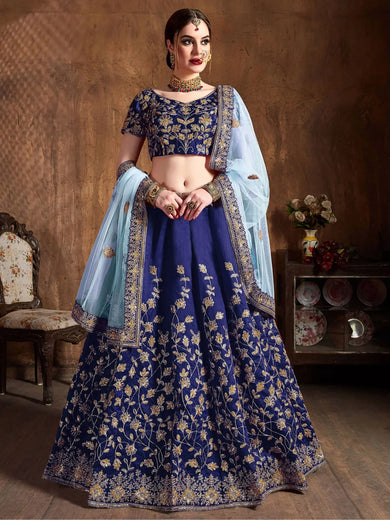 Navy Blue Sequins Raw Silk Bridal Lehenga Choli With Sky Blue Dupatta