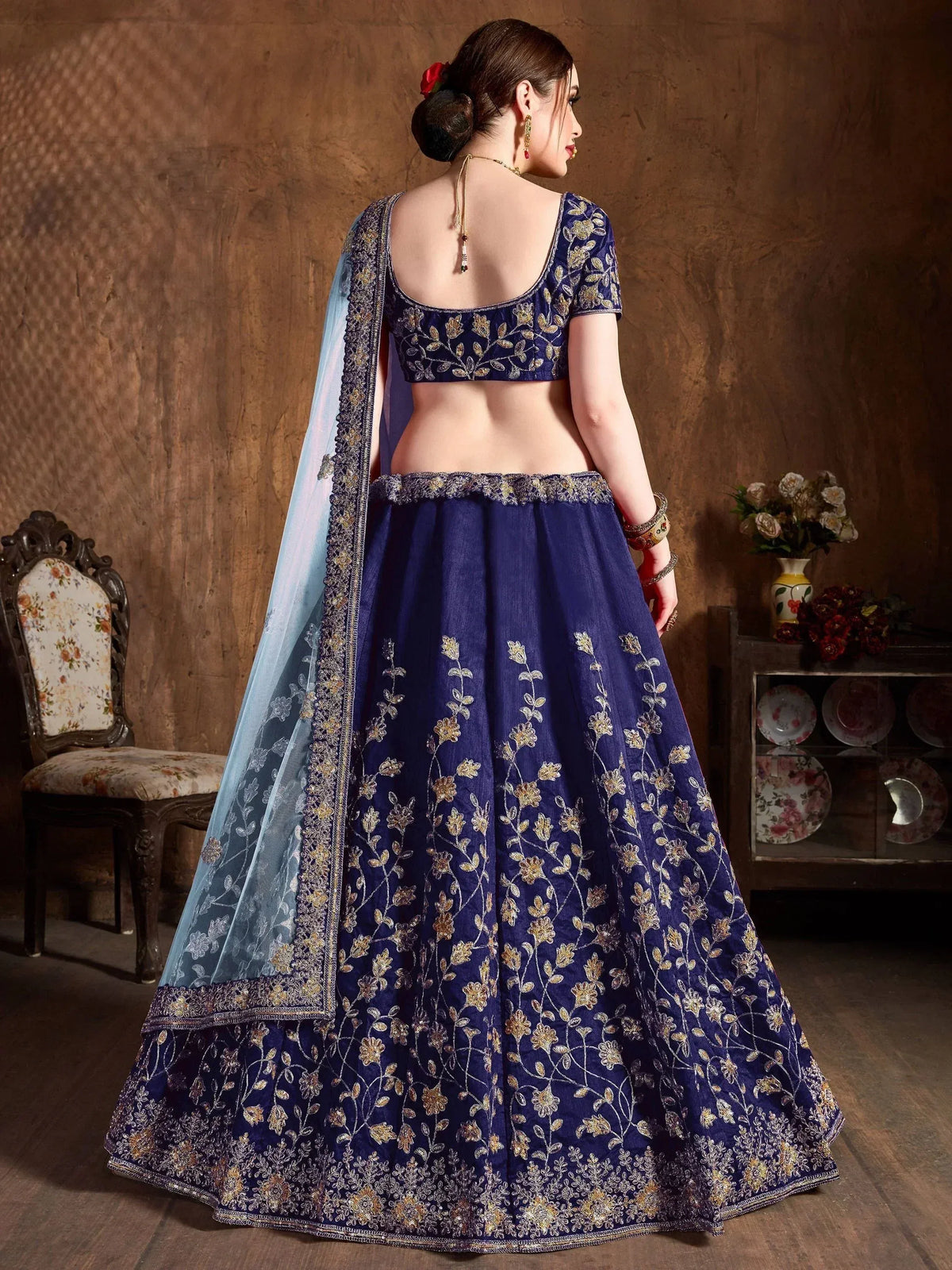 Royal blue embroidered lehenga choli with floral gold work and sheer dupatta, Indian ethnic wear