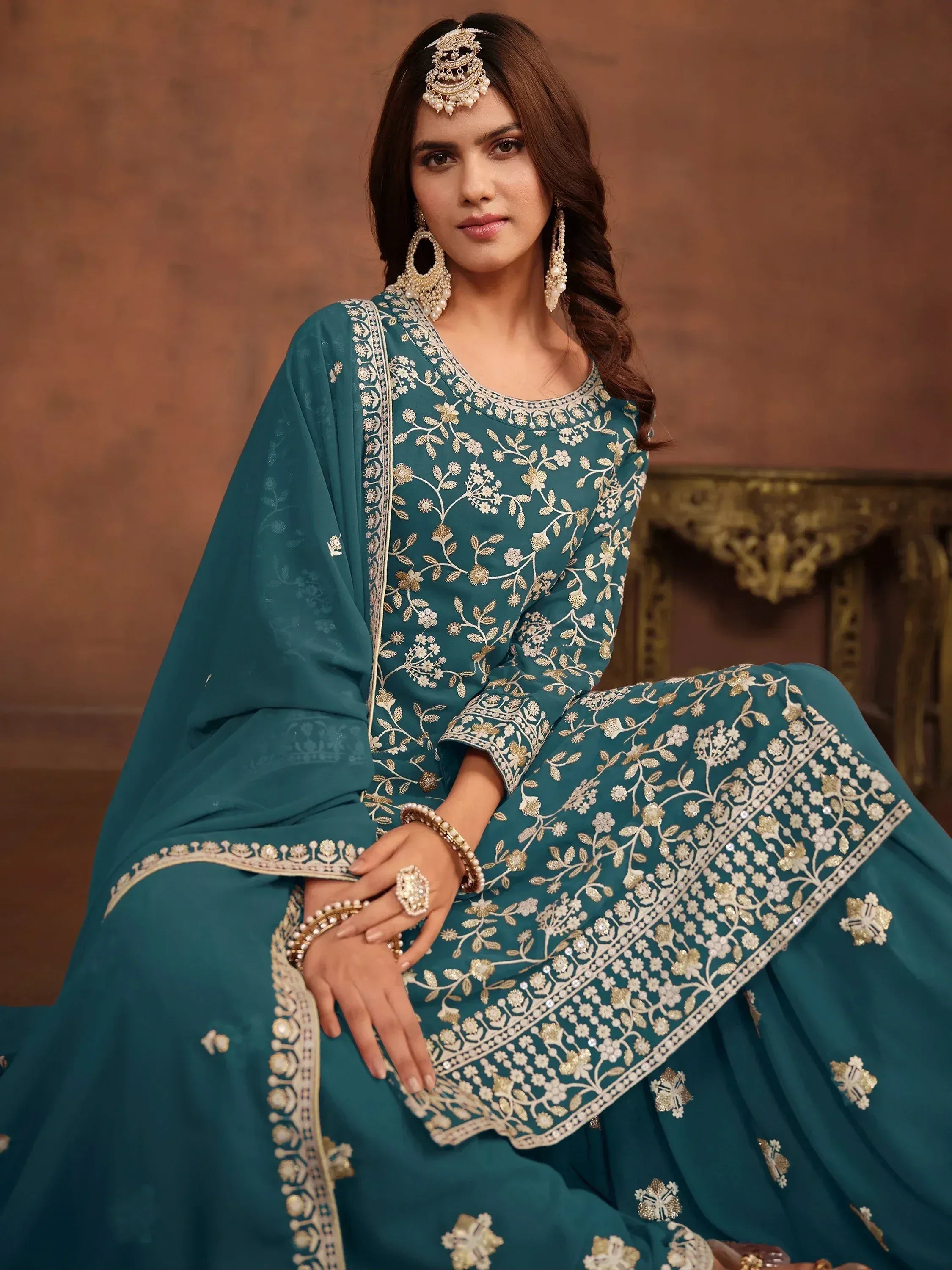 Majestic Green Embroidered Georgette Wedding Wear Sharara Suit