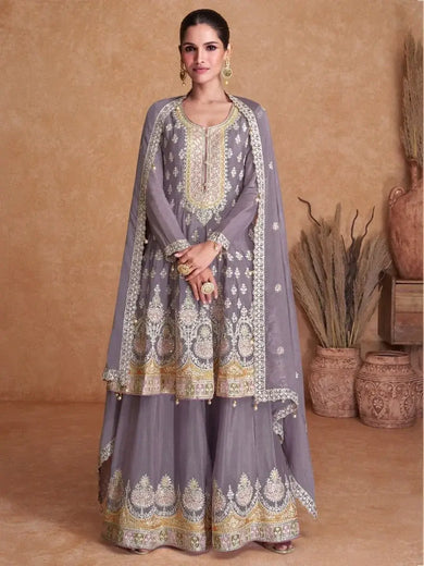 Endearing Dusty Purple Thread Embroidered Chinon Palazzo Suit