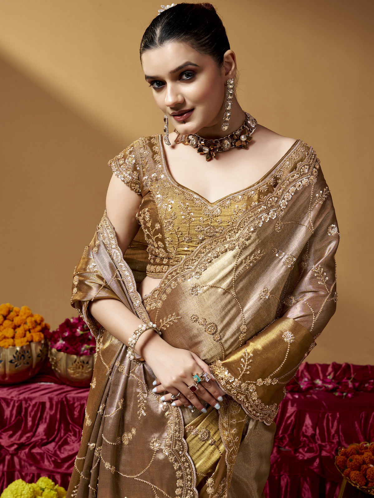 Grand Golden Hand Work Silk Wedding Wear Saree With Blouse