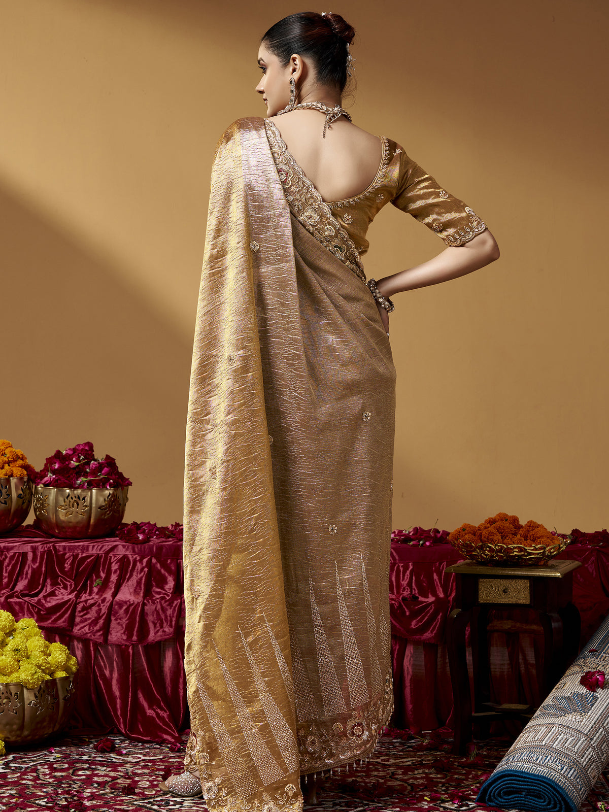 Royal Golden Bead Embroidery Silk Evening Wear Saree With Blouse