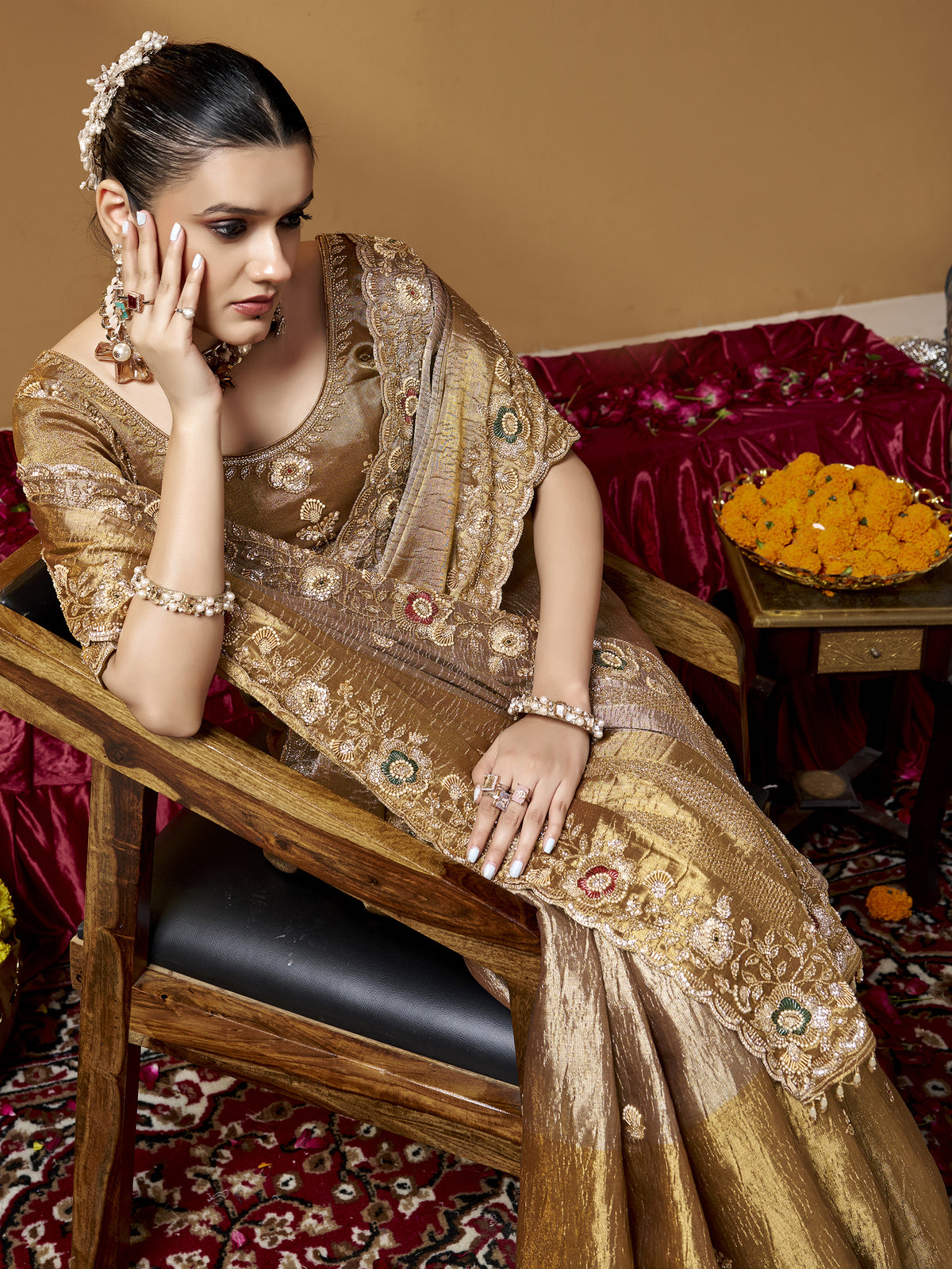 Royal Golden Bead Embroidery Silk Evening Wear Saree With Blouse