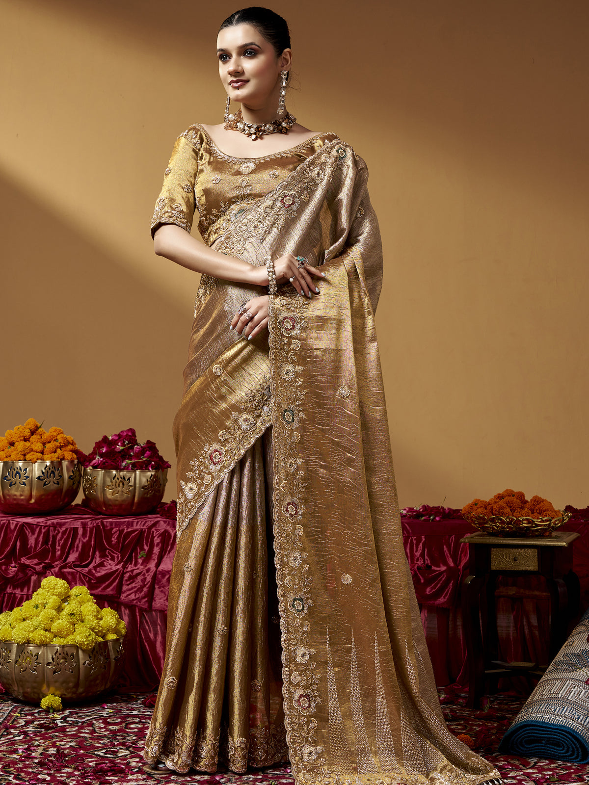 Royal Golden Bead Embroidery Silk Evening Wear Saree With Blouse