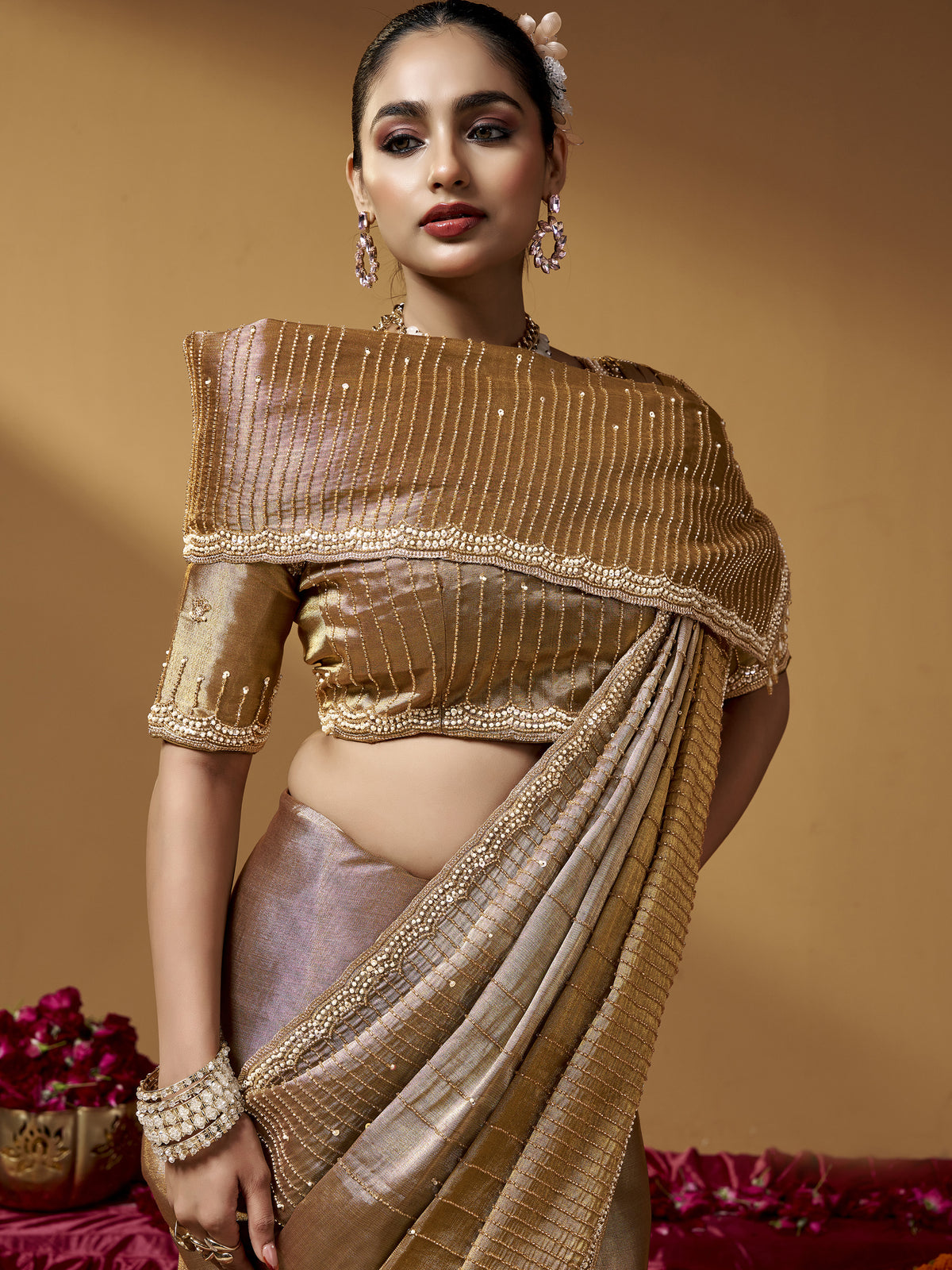 Luxurious Golden Hand Embroidery Silk Reception Wear Saree With Blouse