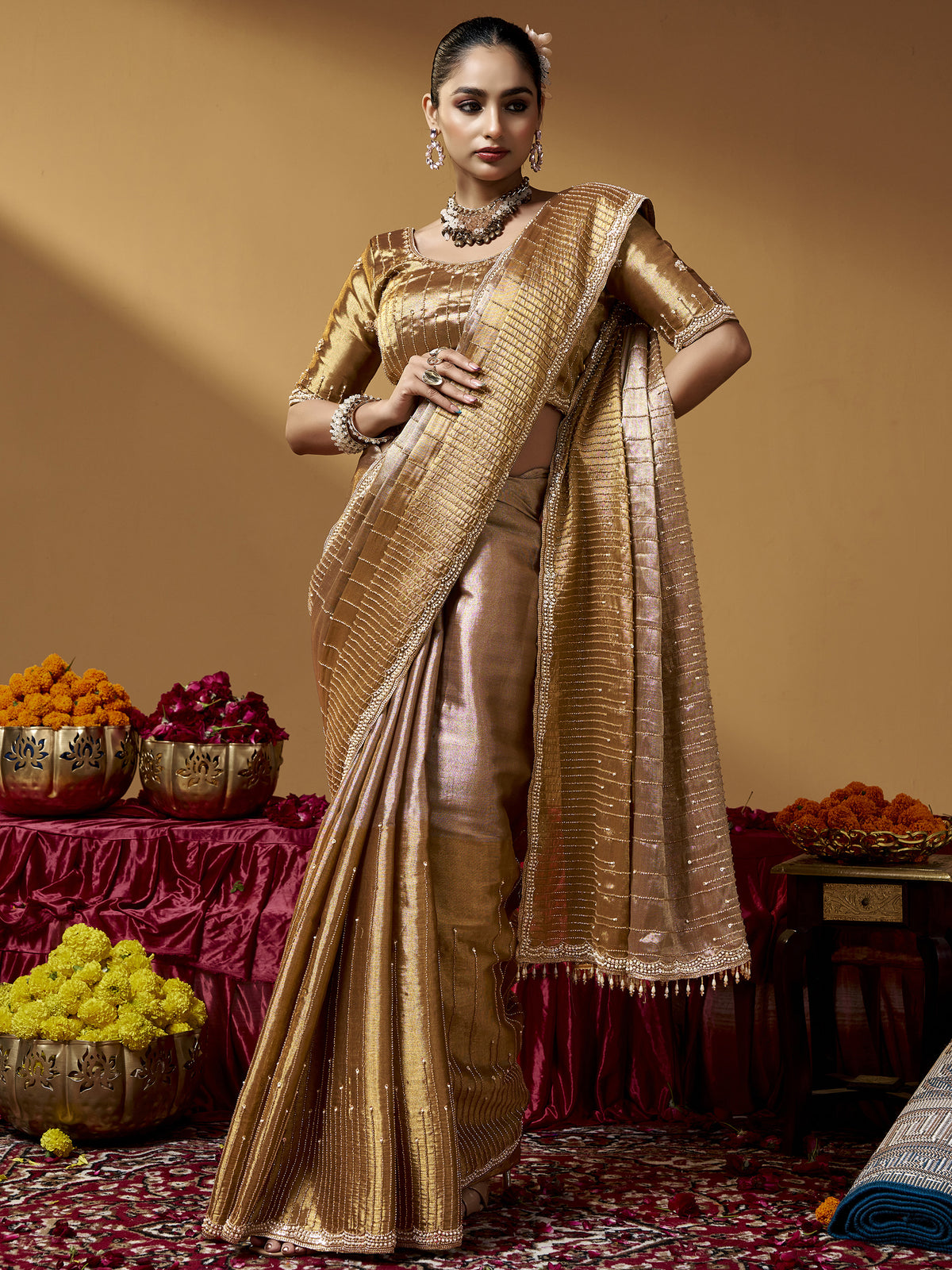 Luxurious Golden Hand Embroidery Silk Reception Wear Saree With Blouse
