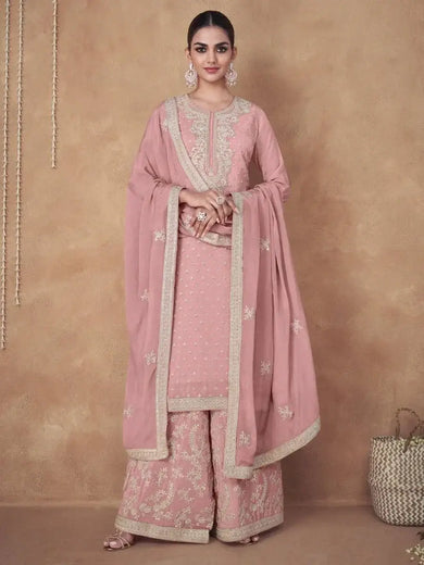 Pleasant Baby Pink Thread Embroidered Chinon Ready-Made Palazzo Suit