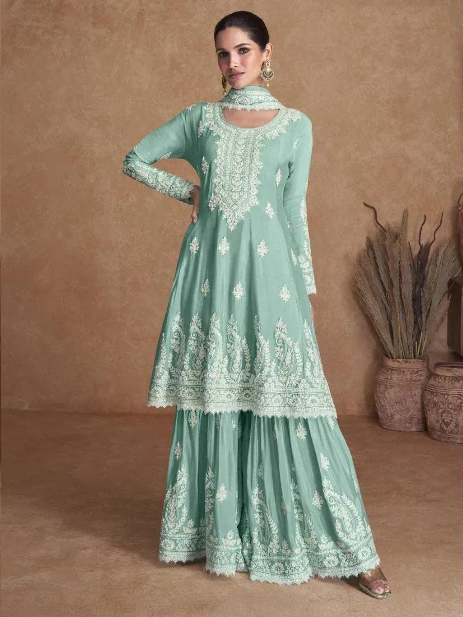 Mint green embroidered anarkali suit with flared palazzo pants, perfect for Indian ethnic occasions.