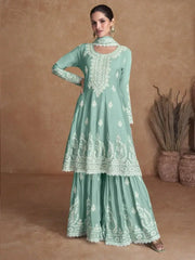 Seductive Sky Blue Thread Embroidered Chinon Ready-Made Palazzo Suit
