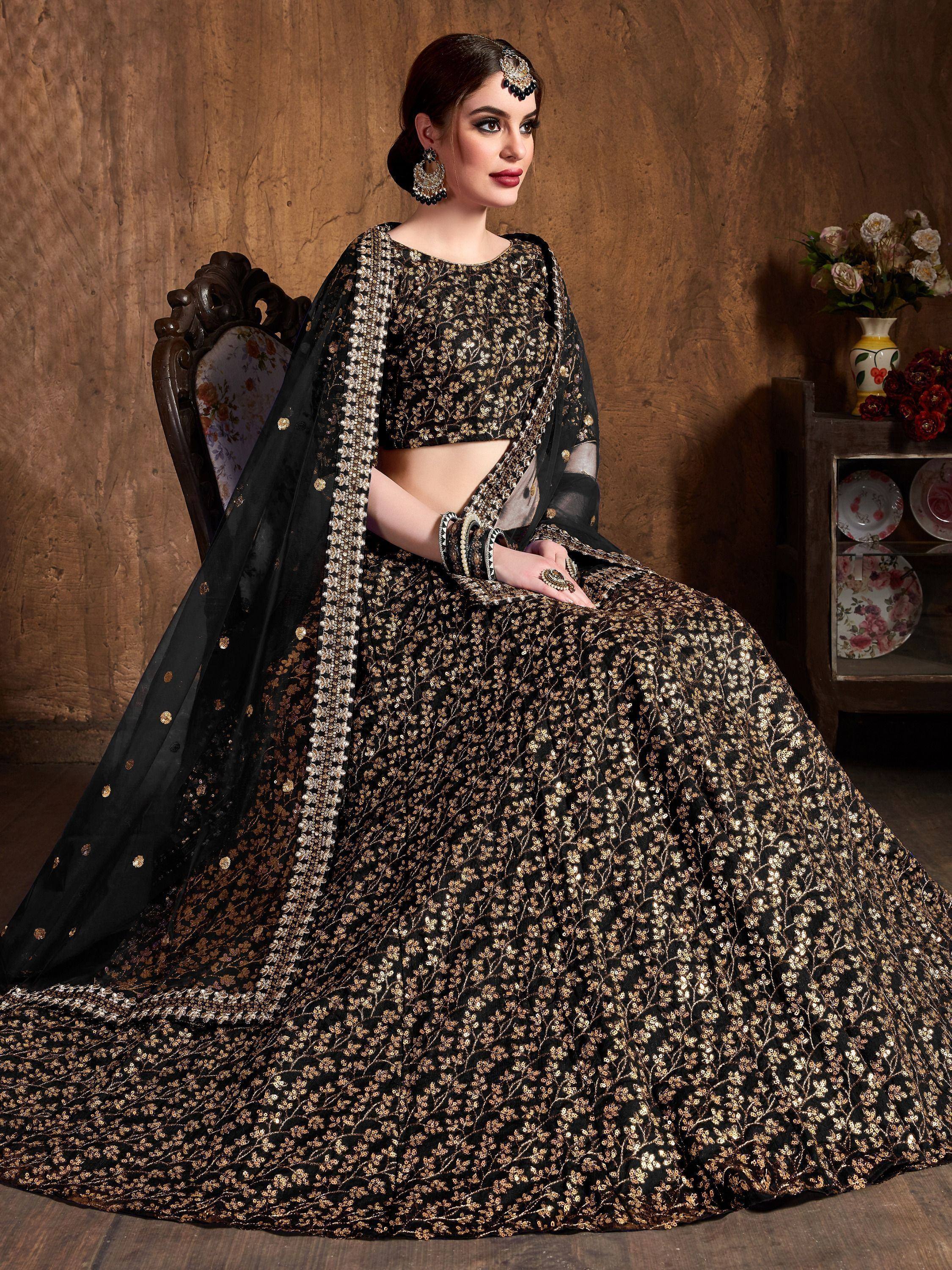 Black and gold sequin lehenga choli with sheer dupatta, ethnic Indian wedding wear