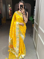 Elegant Yellow Zari Weaved Viscose Marriage Wear Saree With Blouse