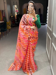 Enthusiastic Pink Zari Weaved Organza Party Look Saree With Blouse