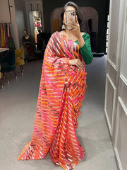 Enthusiastic Pink Zari Weaved Organza Party Look Saree With Blouse