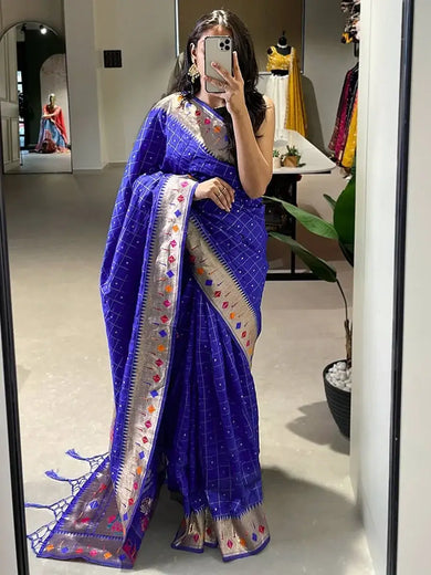 Attractive Blue Zari Weaving Jacquard Silk Reception Wear Saree