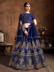Navy Blue Zari Embroidery Art Silk Bridal Lehenga Choli With Dupatta