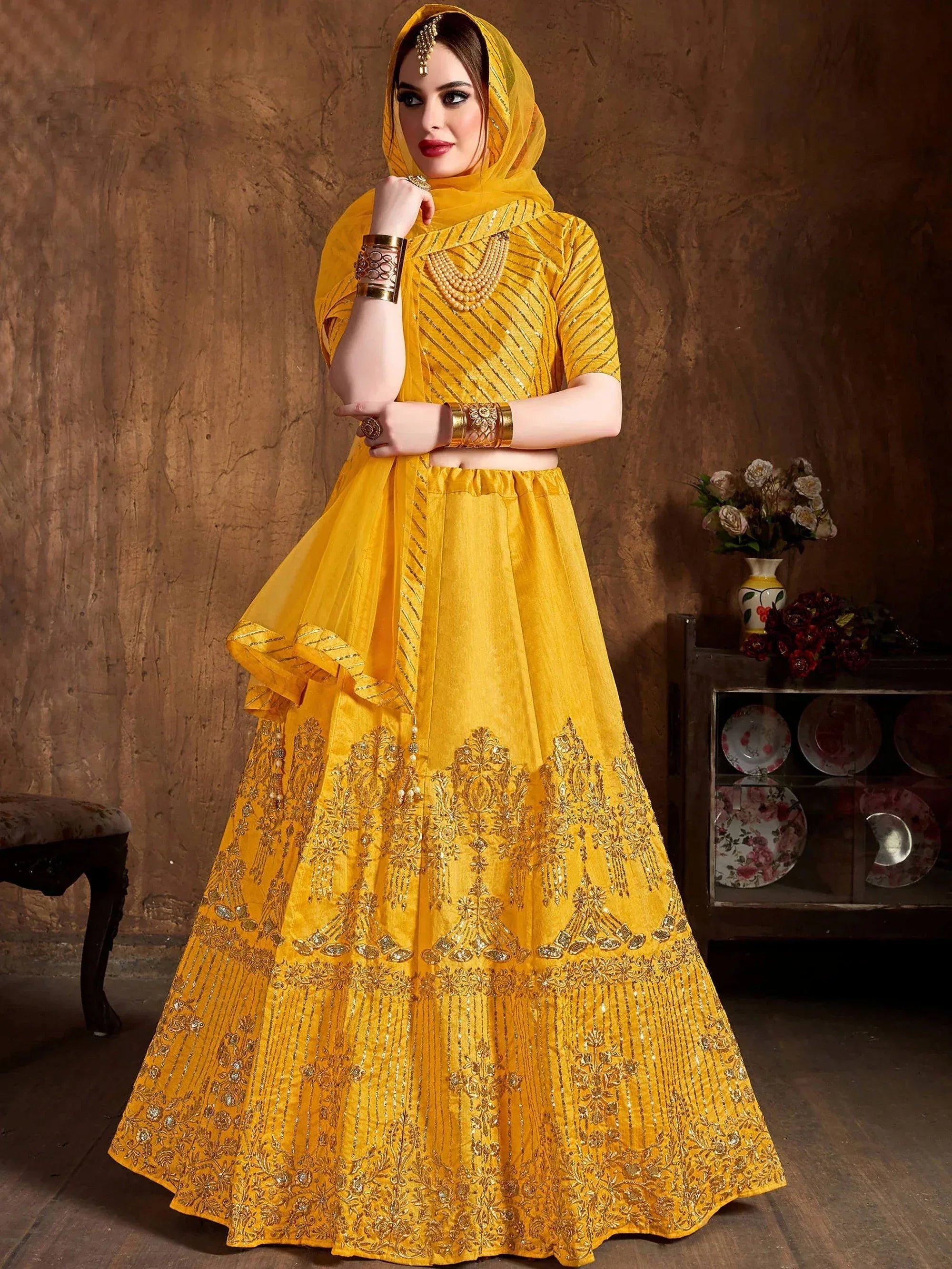 Alluring Yellow Embroidered Silk Haldi Wear Plus Size Lehenga Choli
