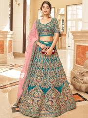 Ravishing Teal Blue Heavy Embroidered Velvet Bridesmaid Lehenga Choli
