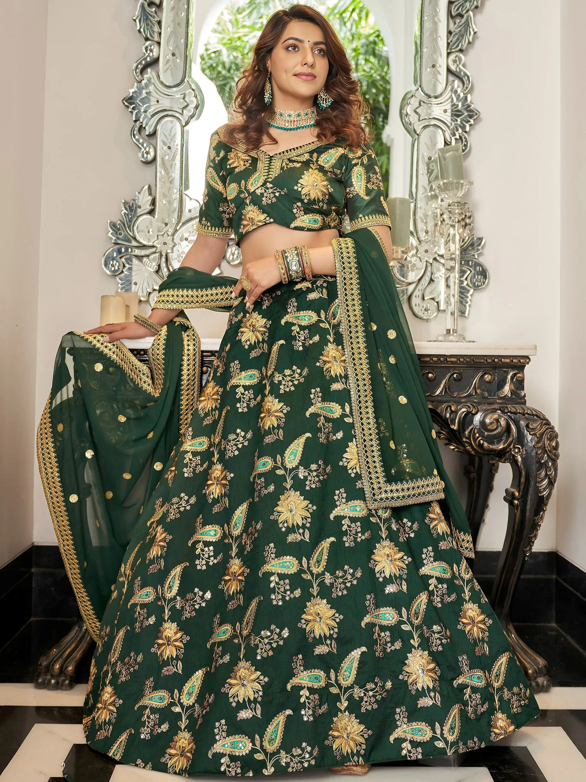 Prodigious Green Thread Embroidery Art Silk Wedding Lehenga Choli