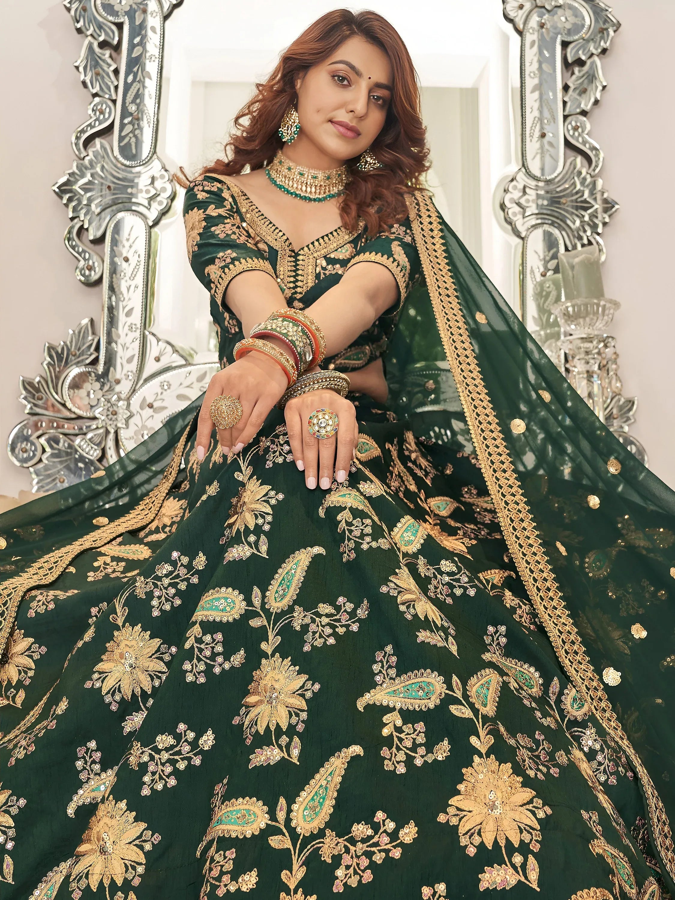 Prodigious Green Thread Embroidery Art Silk Wedding Lehenga Choli