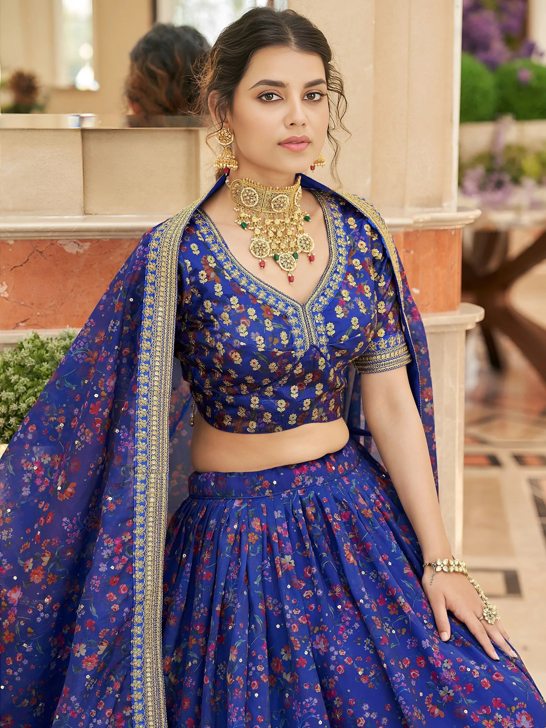 Majestic Blue Floral Printed Organza Bridesmaid Plus Size Lehenga Choli