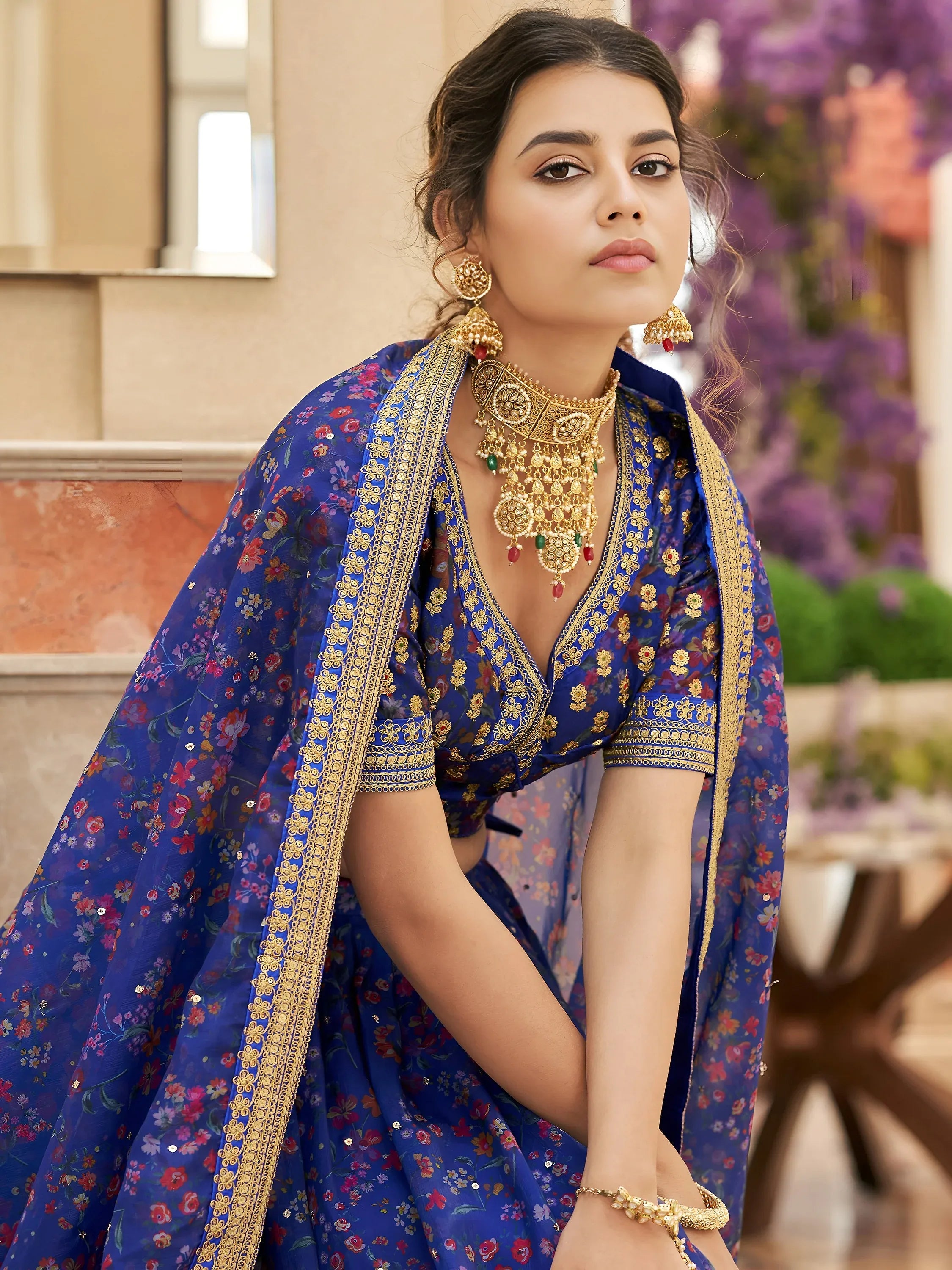 Majestic Blue Floral Printed Organza Bridesmaid Plus Size Lehenga Choli