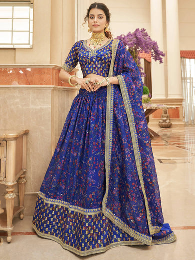 Wondrous Blue Digital Printed Organza Engagement Wear Lehenga Choli