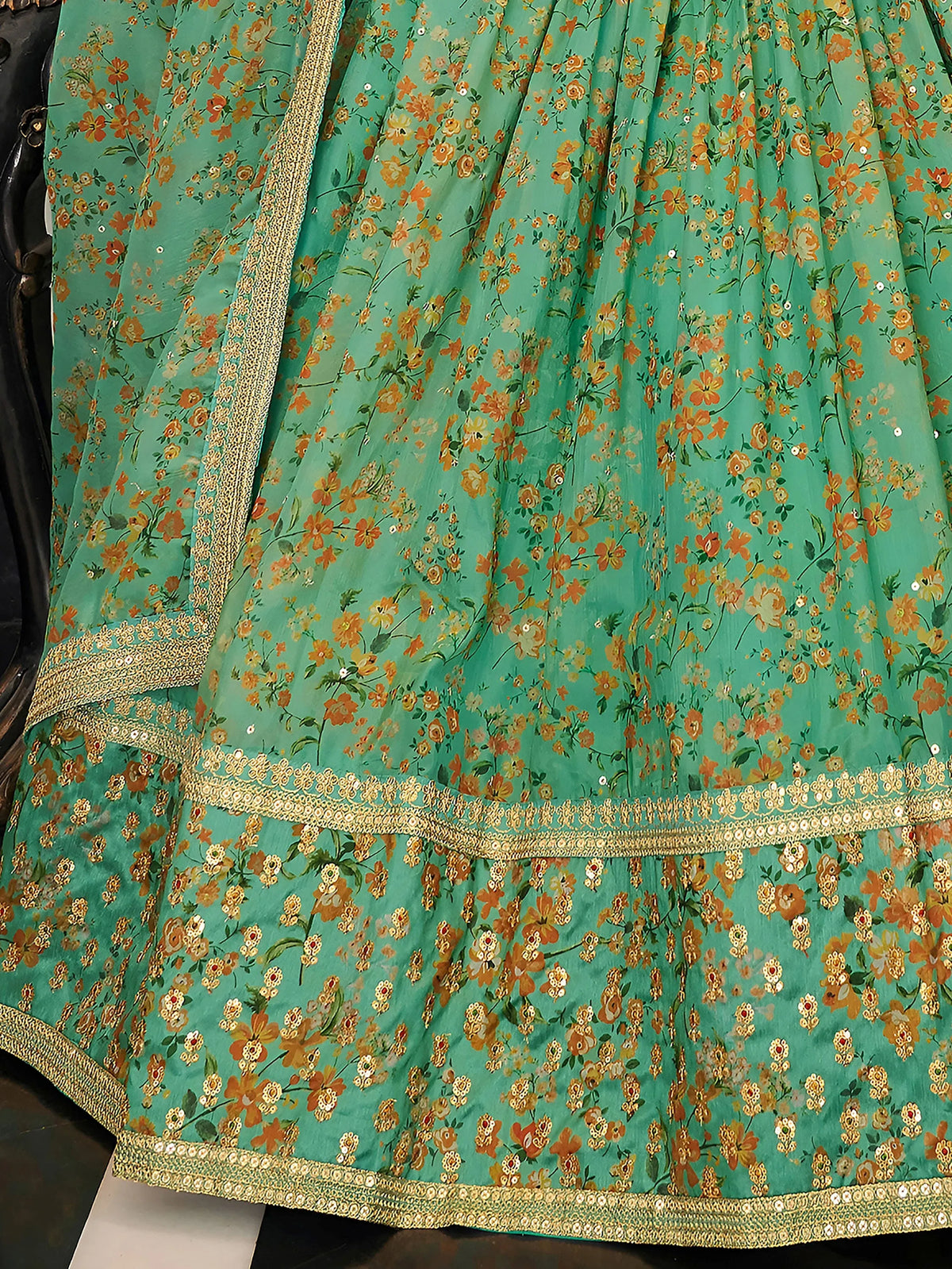 Mesmerizing Green Floral Printed Organza Mehendi wear Lehenga Choli