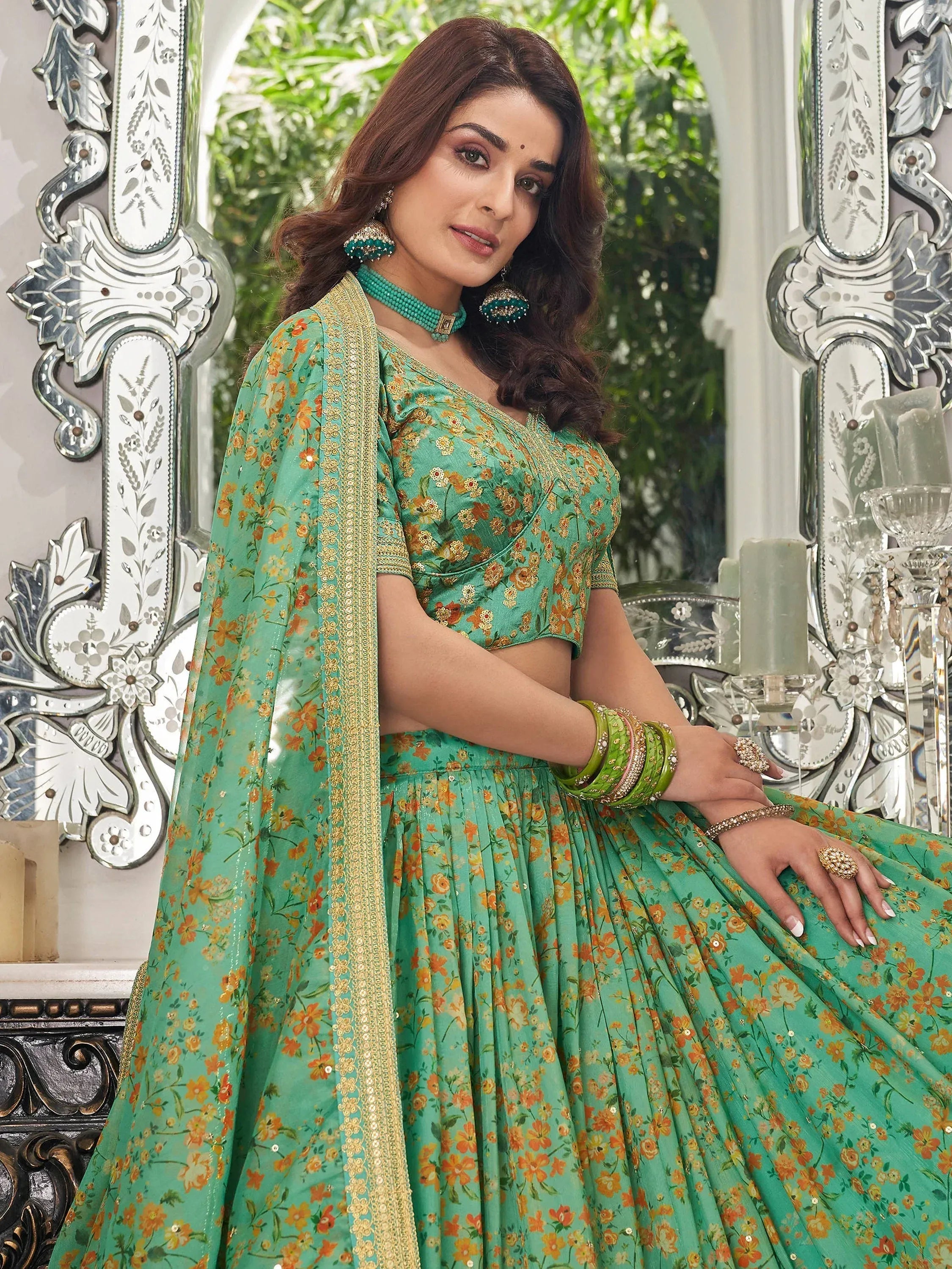 Artistic Green Embroidered Organza Function Wear Plus Size Lehenga Choli