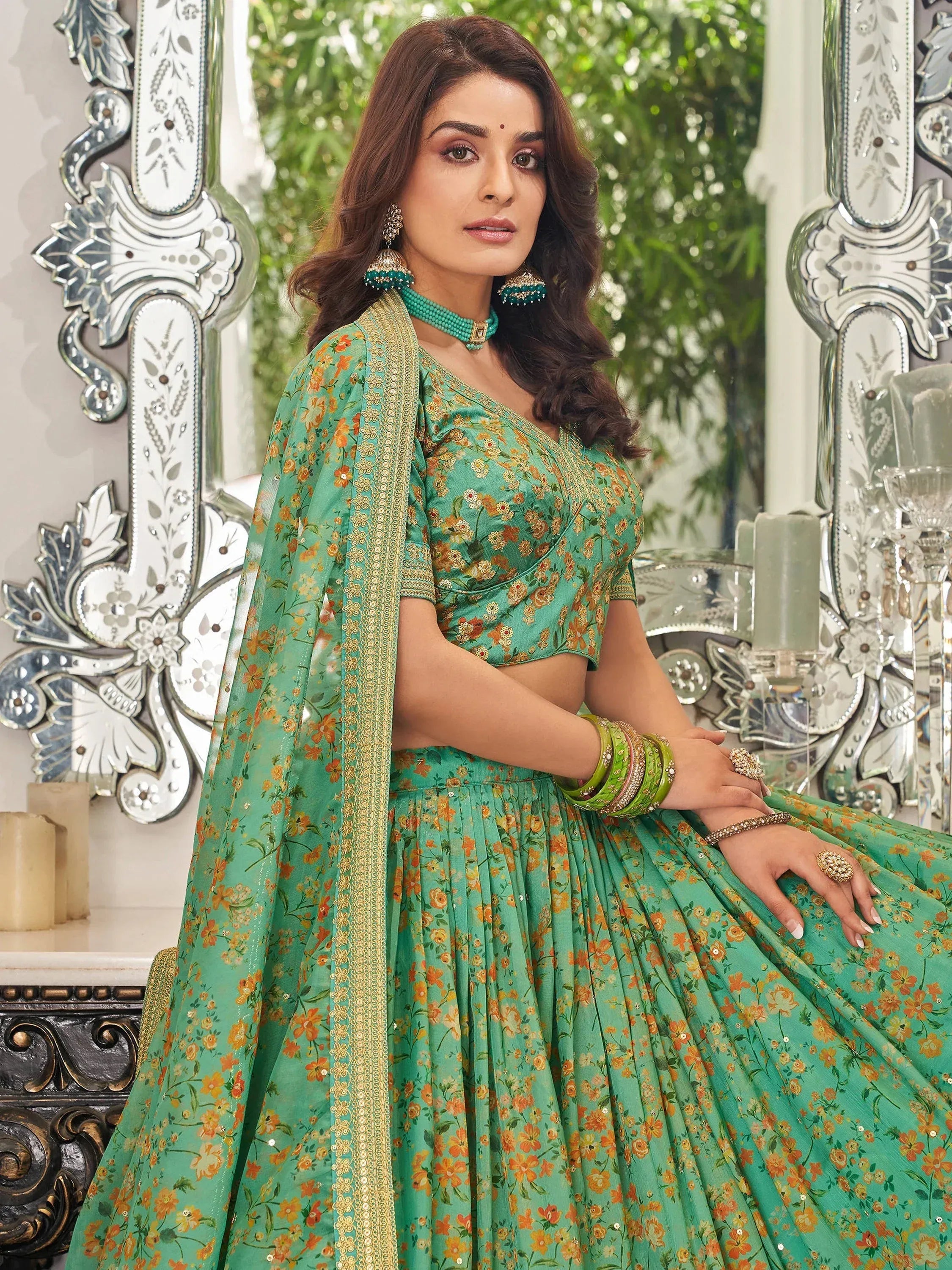 Artistic Green Embroidered Organza Function Wear Plus Size Lehenga Choli