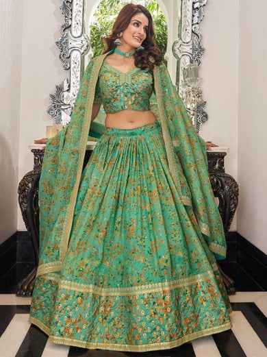 Mesmerizing Green Floral Printed Organza Mehendi wear Lehenga Choli