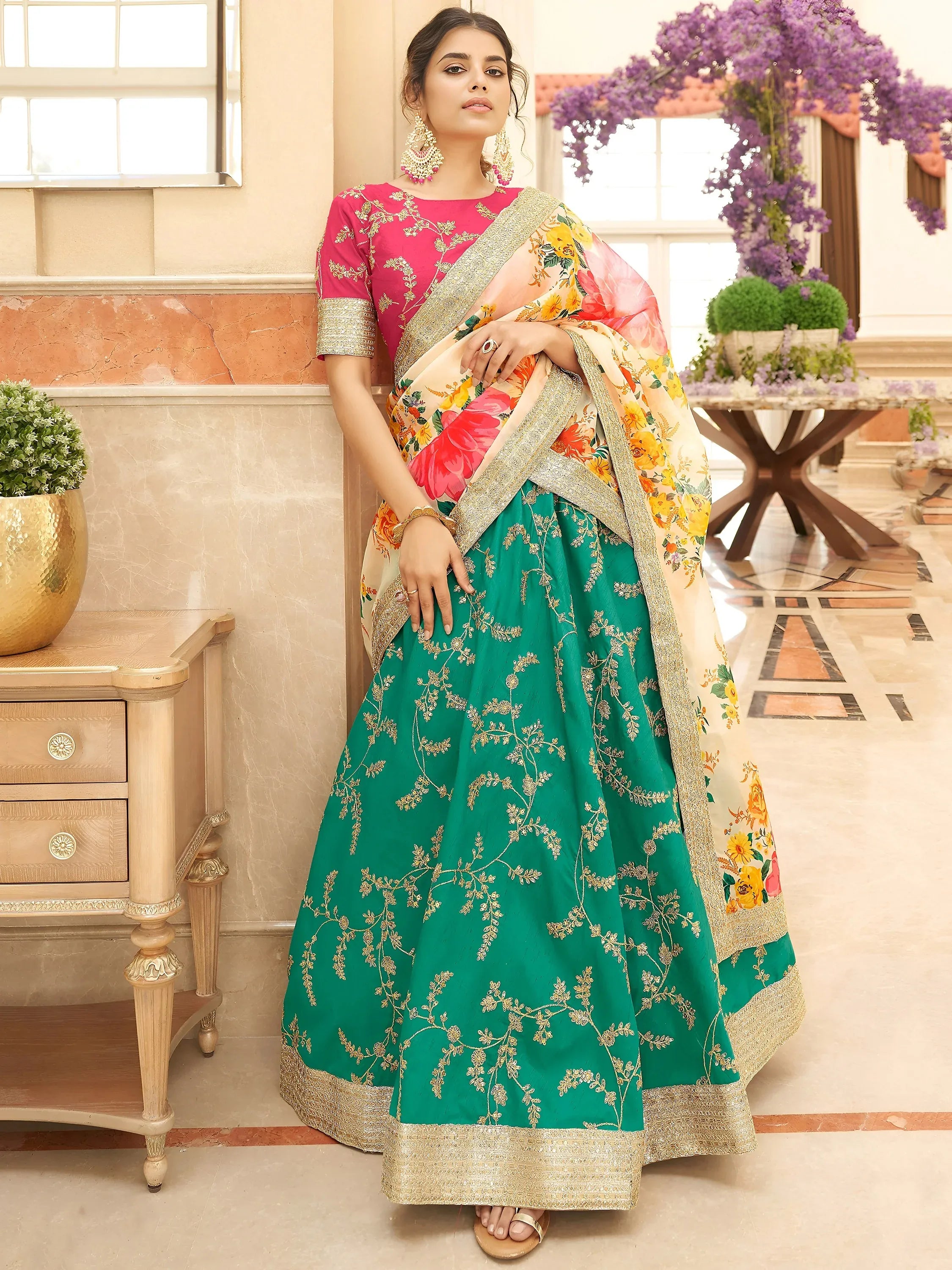 Enthralling Green Sequins Work Art Silk Sangeet Wear Lehenga Choli