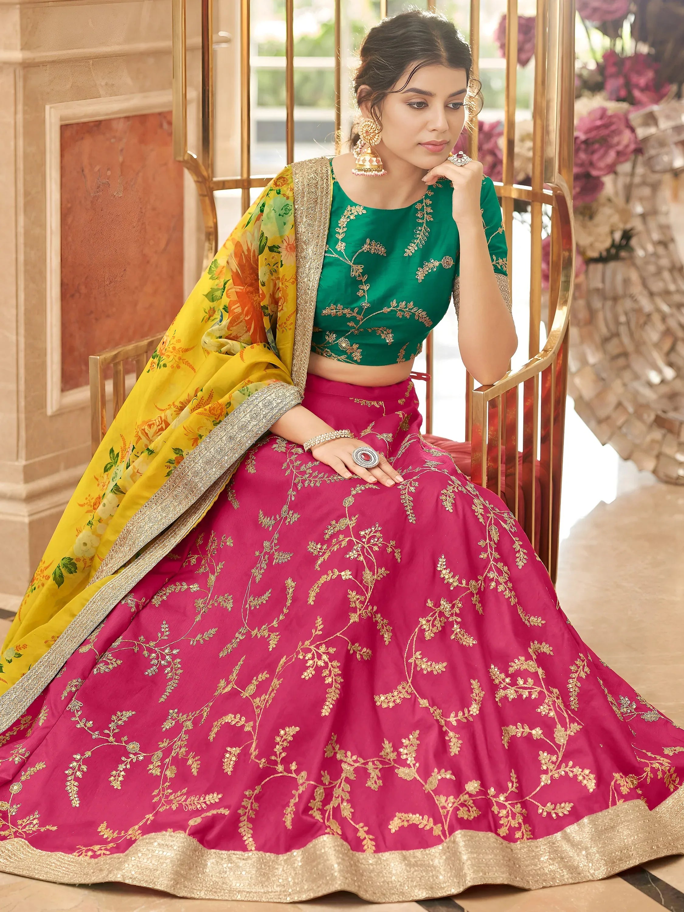 Fascinating Pink Sequins Work Art Silk Lehenga Choli With Dupatta