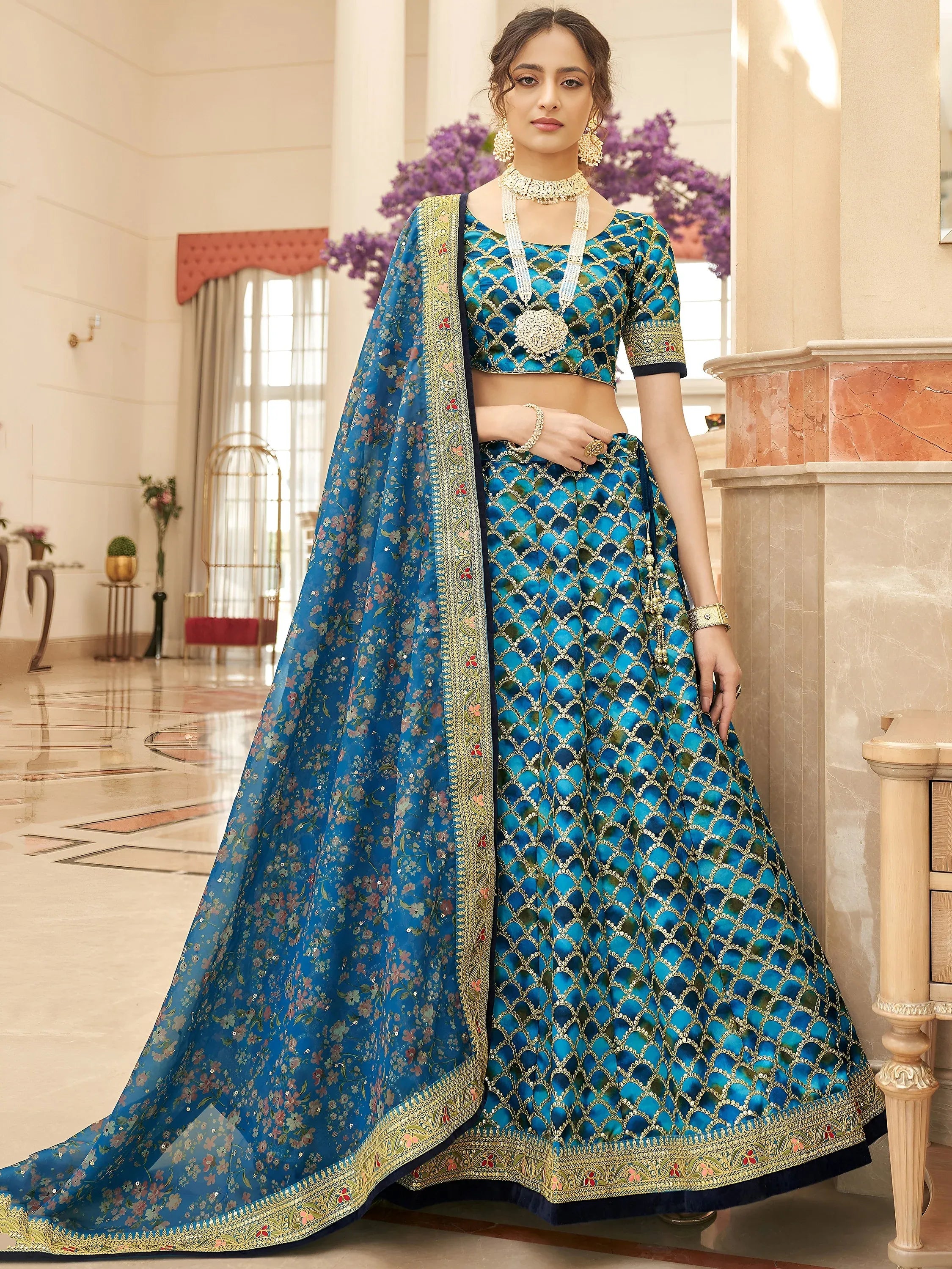 Spectacular Blue Sequins Work Art Silk Wedding Lehenga Choli